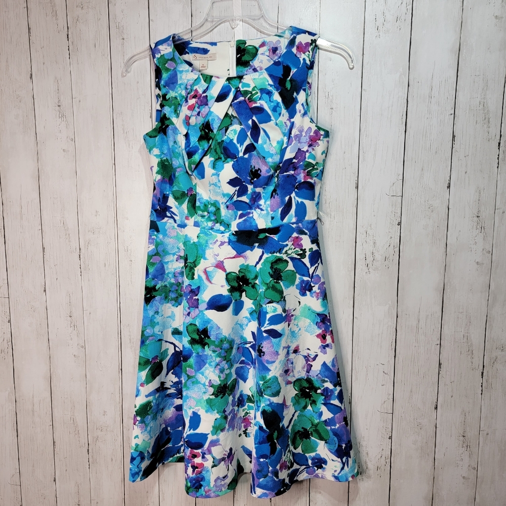 Dress Barn Women's Blue Floral Fit & Flare Sleeveless Dress Size 6.